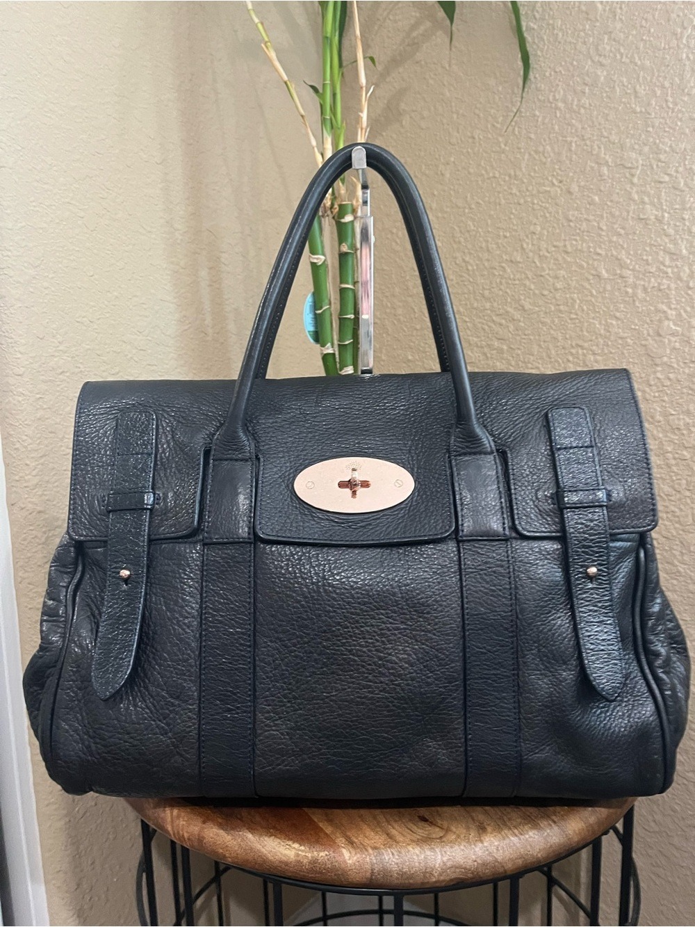 MULBERRY BLACK SOFT LEATHER WITH BLUE CONTRAST STITCHING BAYSWATER